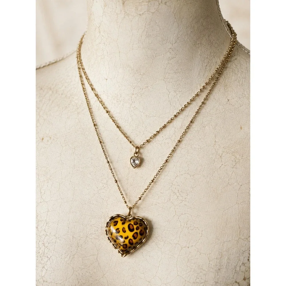 Rare Betsey Johnson Leopard Heart Necklace Bracelet Earrings 3pc Jewelry Set